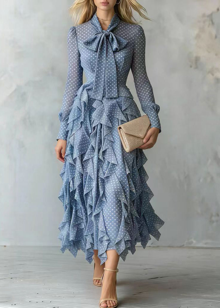 Stylish Blue Bow Print Ruffles Chiffon Long Dress Spring