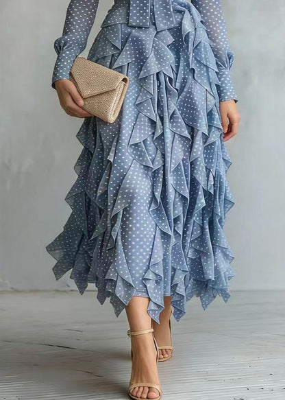 Stylish Blue Bow Print Ruffles Chiffon Long Dress Spring