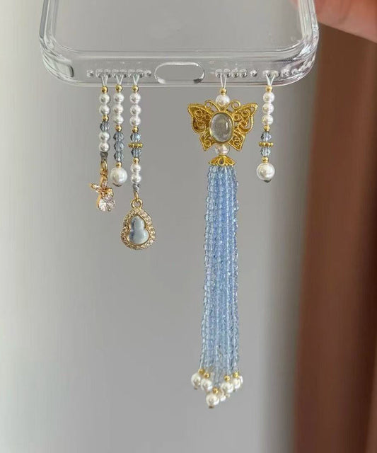 Stylish Blue Butterfly Gourd Imitation Pearl Tassel Beading Phone Chains