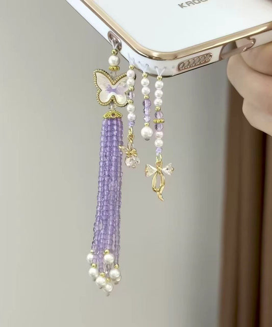 Stylish Blue Butterfly Gourd Imitation Pearl Tassel Beading Phone Chains