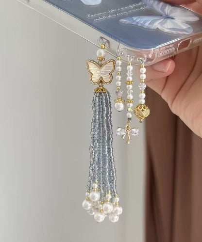 Stylish Blue Butterfly Gourd Imitation Pearl Tassel Beading Phone Chains