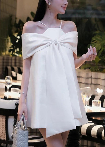 Stylish Blue Cold Shoulder Bow Spaghetti Strap Dress Summer