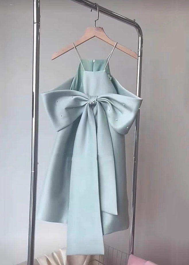 Stylish Blue Cold Shoulder Bow Spaghetti Strap Dress Summer