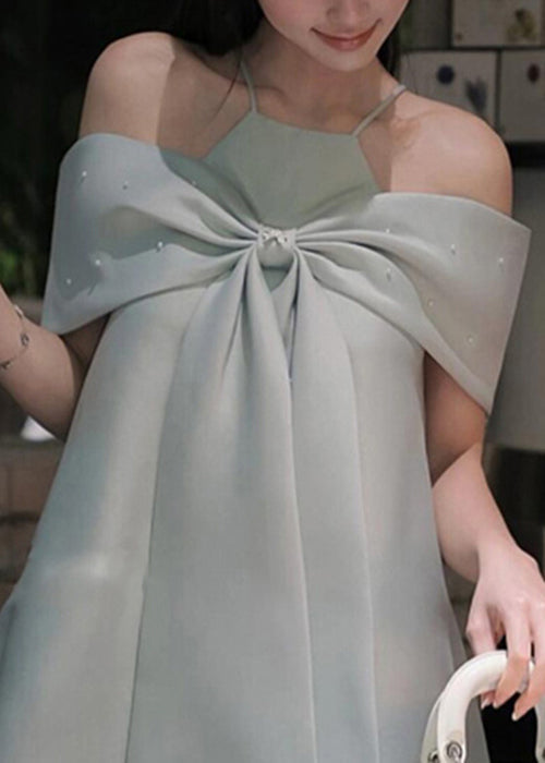 Stylish Blue Cold Shoulder Bow Spaghetti Strap Dress Summer