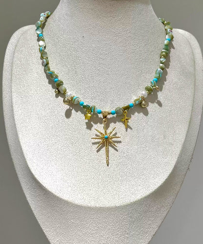 Stylish Blue Copper Overgild Zircon Turquoise Pearl Shell Three-Piece Set Pendant Necklace