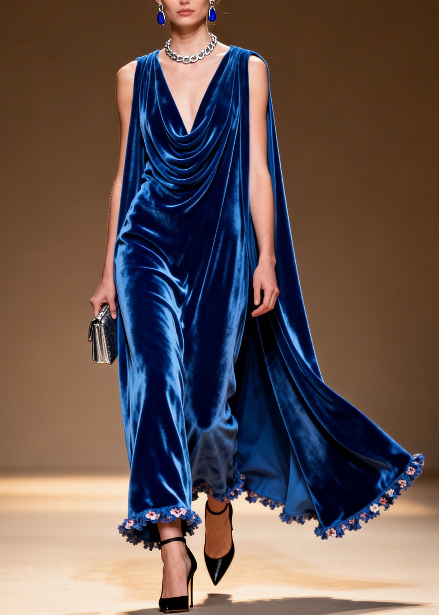 Stylish Blue Draped Neckline Floral Patchwork Velvet Long Dresses Sleeveless