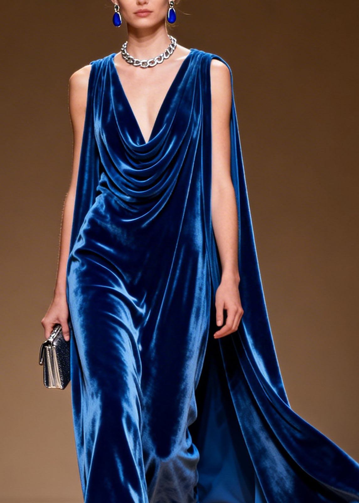 Stylish Blue Draped Neckline Floral Patchwork Velvet Long Dresses Sleeveless