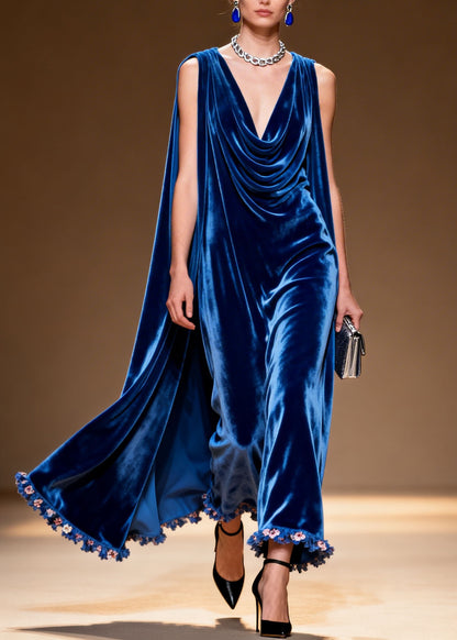 Stylish Blue Draped Neckline Floral Patchwork Velvet Long Dresses Sleeveless