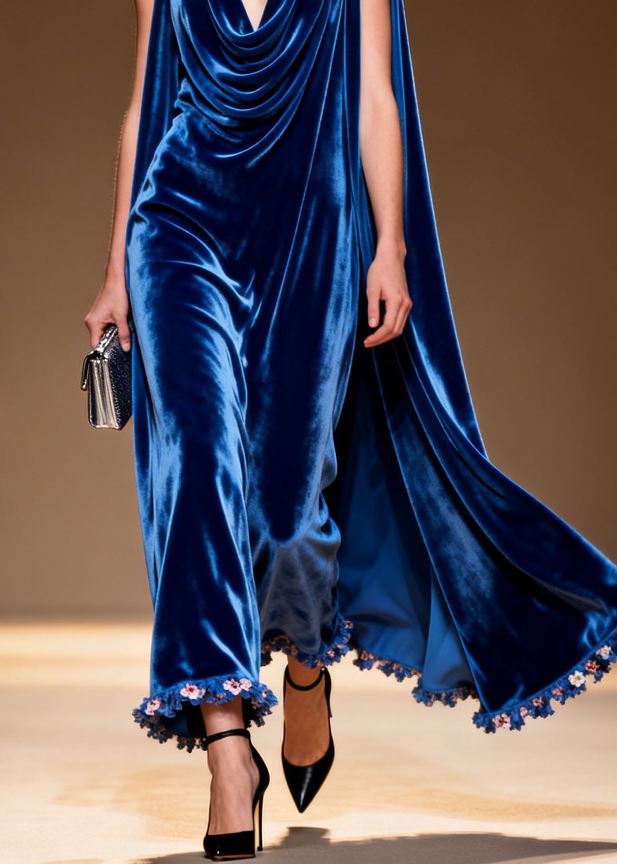 Stylish Blue Draped Neckline Floral Patchwork Velvet Long Dresses Sleeveless