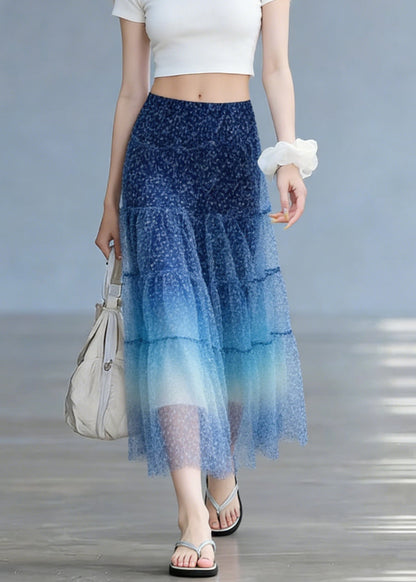 Stylish Blue Elastic Waist Patchwork Tulle Skirts Summer
