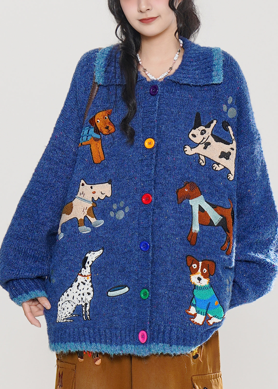 Stylish Blue Embroidered Dog Embroidered Knit Cardigans Winter