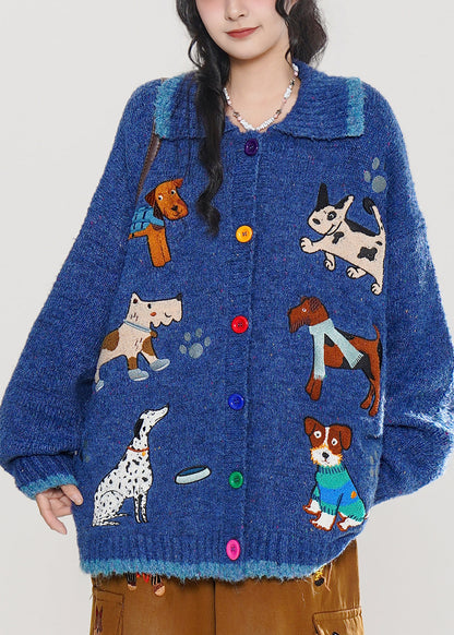 Stylish Blue Embroidered Dog Embroidered Knit Cardigans Winter