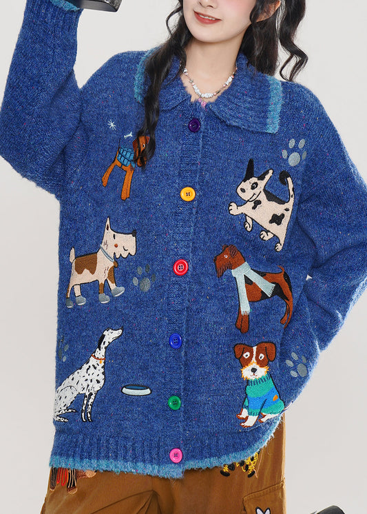 Stylish Blue Embroidered Dog Embroidered Knit Cardigans Winter