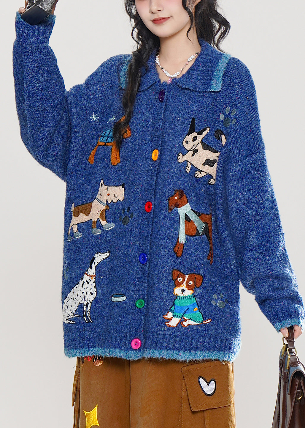 Stylish Blue Embroidered Dog Embroidered Knit Cardigans Winter