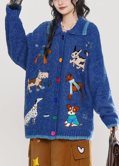 Stylish Blue Embroidered Dog Embroidered Knit Cardigans Winter