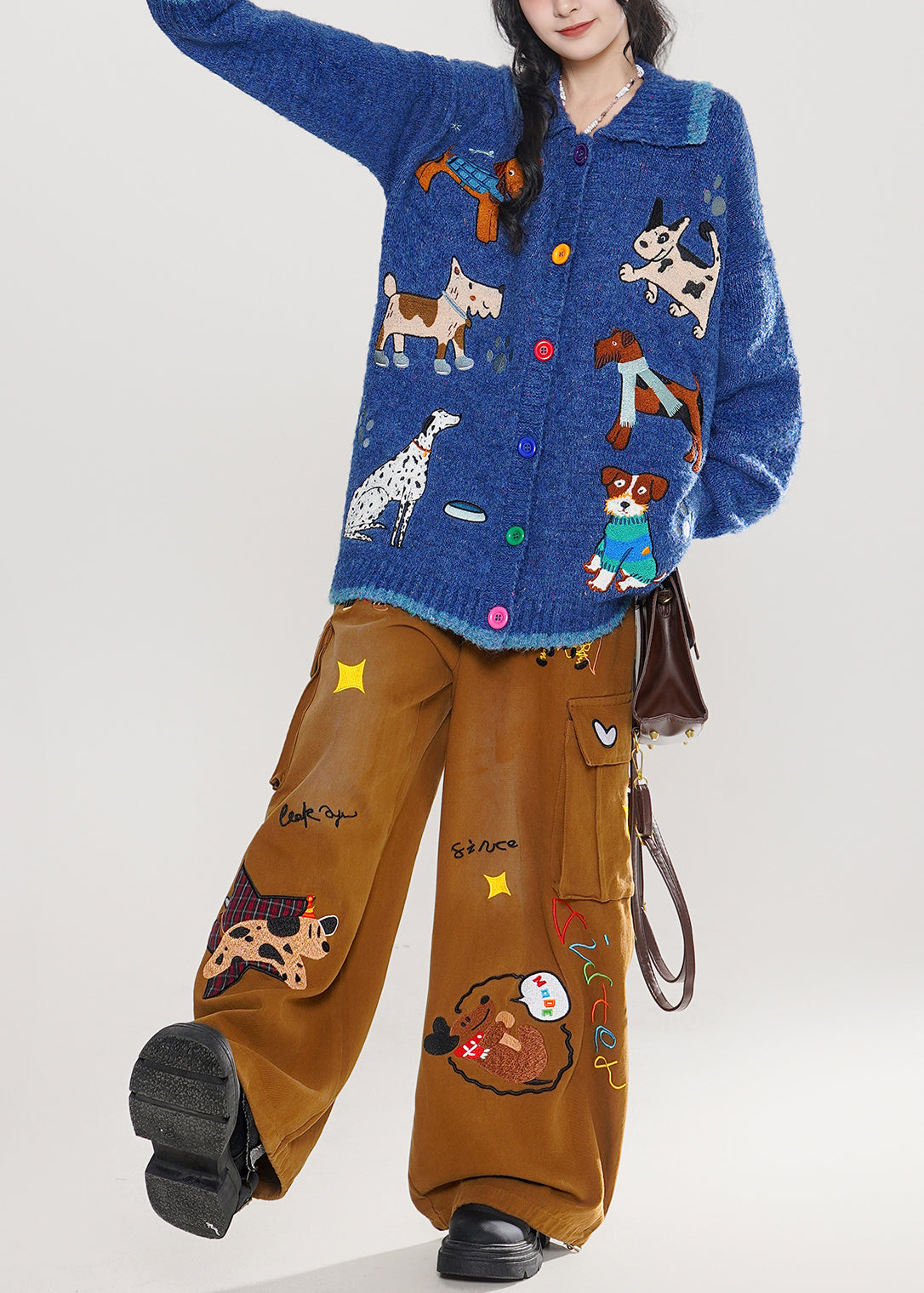 Stylish Blue Embroidered Dog Embroidered Knit Cardigans Winter