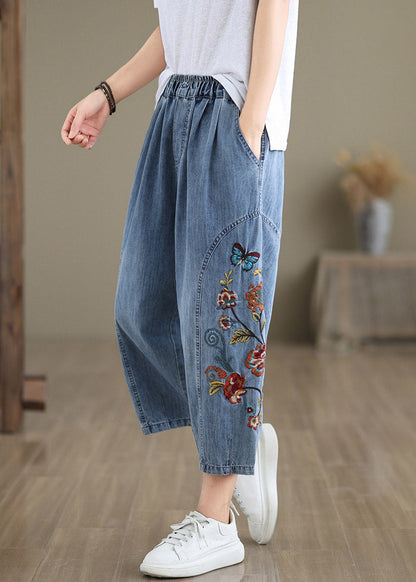 Stylish Blue Embroidered Elastic Waist Crop Jeans Summer