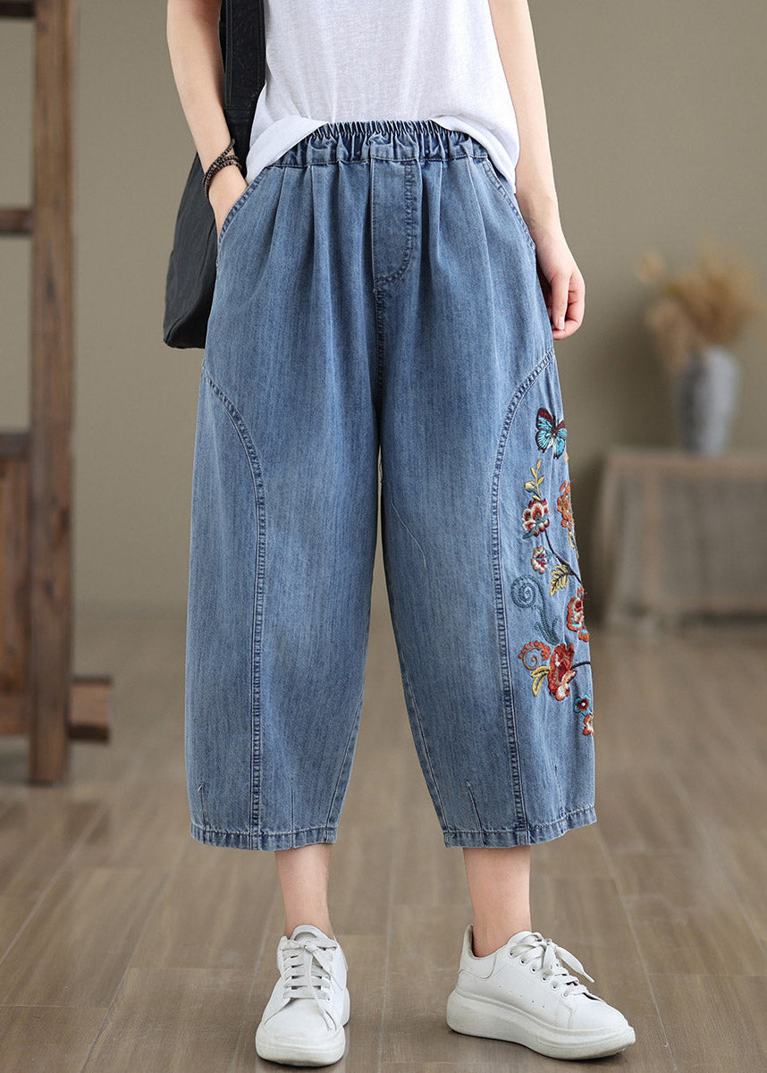 Stylish Blue Embroidered Elastic Waist Crop Jeans Summer
