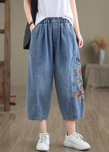 Stylish Blue Embroidered Elastic Waist Crop Jeans Summer