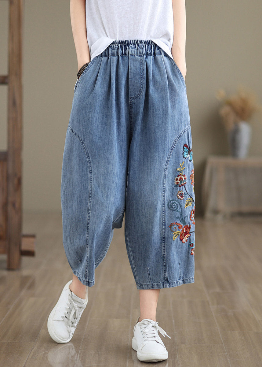 Stylish Blue Embroidered Elastic Waist Crop Jeans Summer