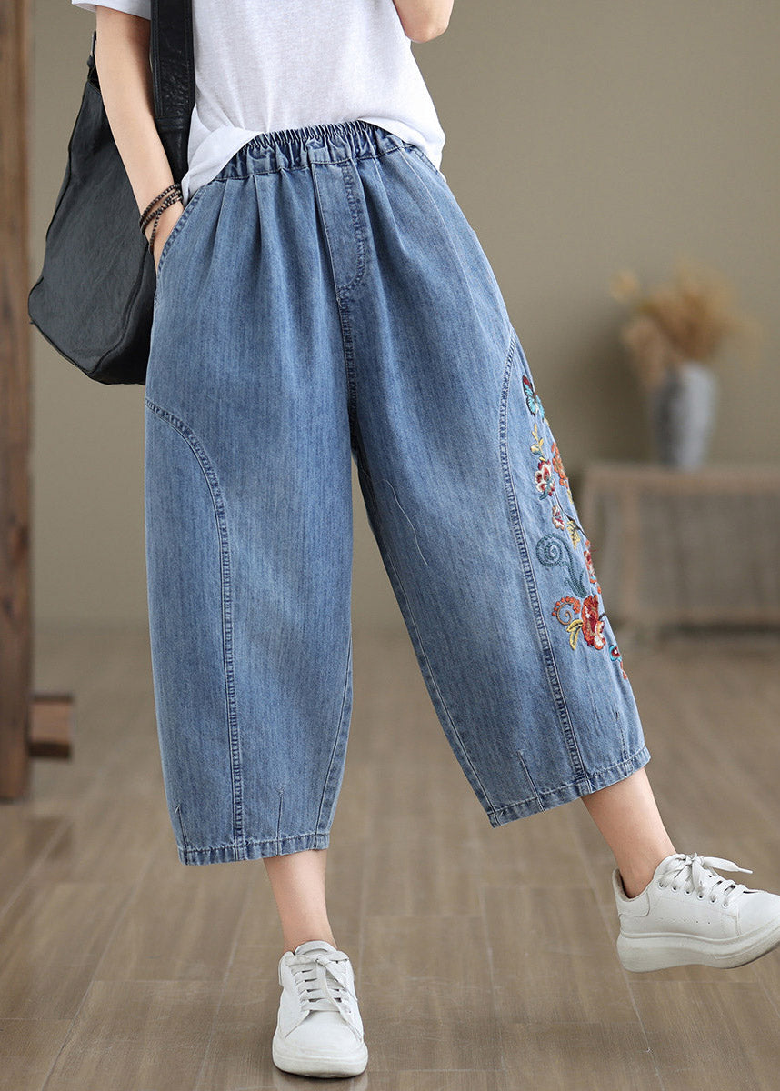 Stylish Blue Embroidered Elastic Waist Crop Jeans Summer