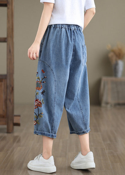 Stylish Blue Embroidered Elastic Waist Crop Jeans Summer