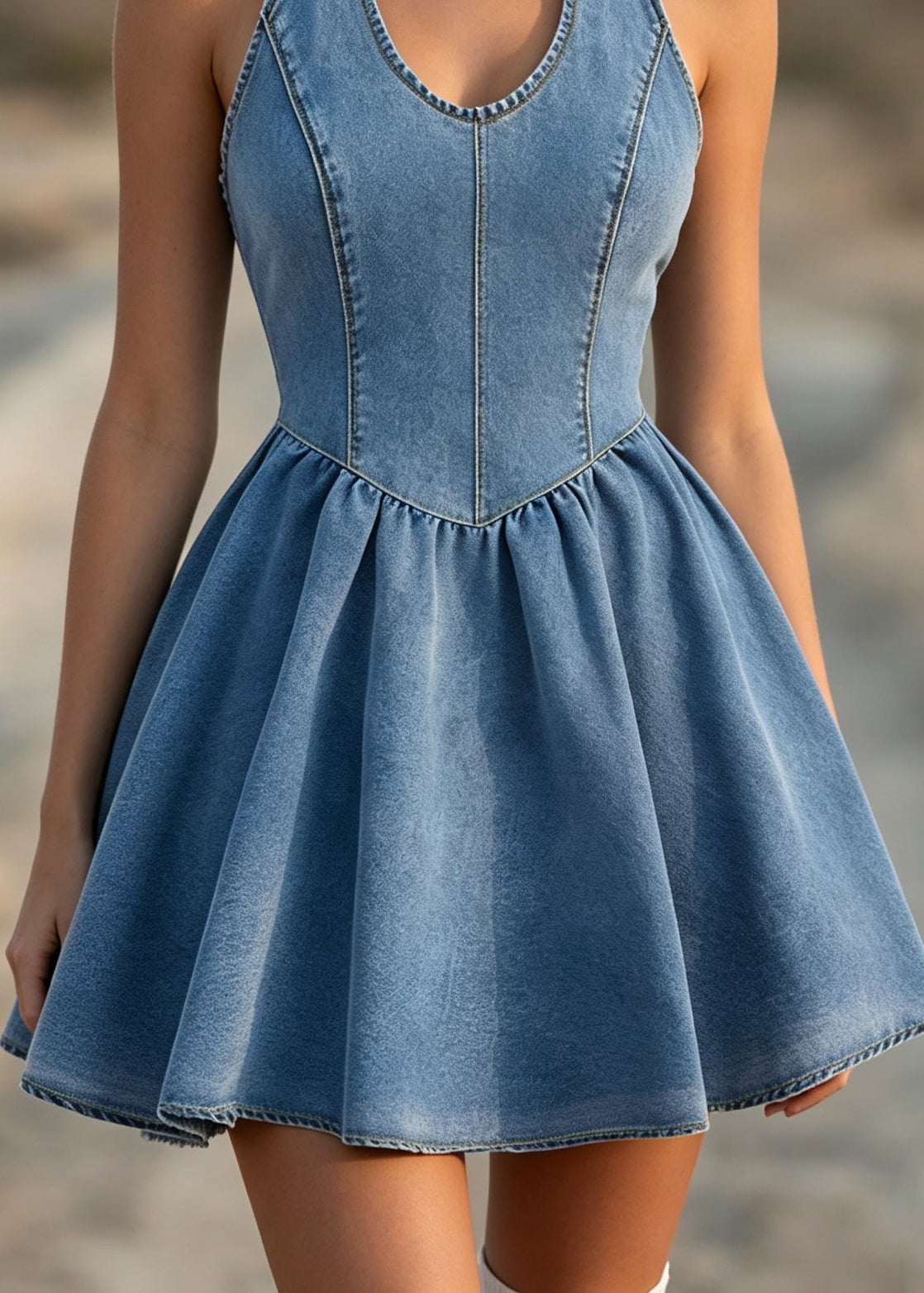 Stylish Blue Halter Bow Patchwork Denim Dresses Sleeveless