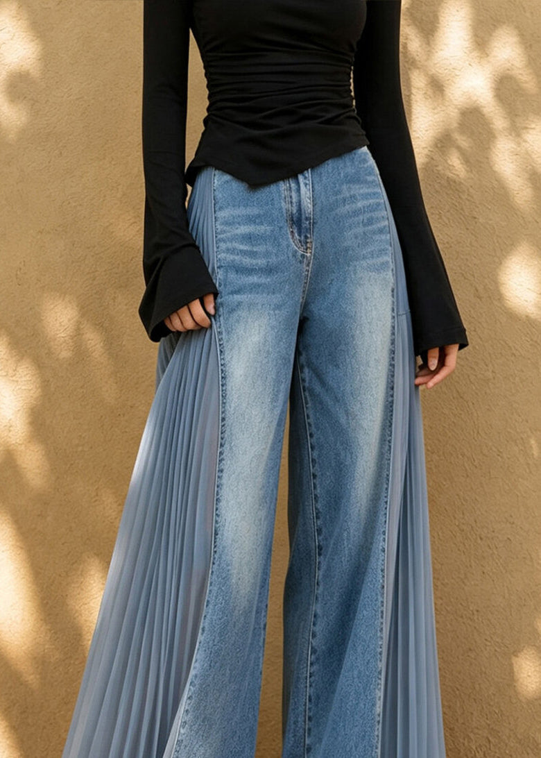 Stylish Blue High Waist Tulle Patchwork Wide Leg Jeans Fall
