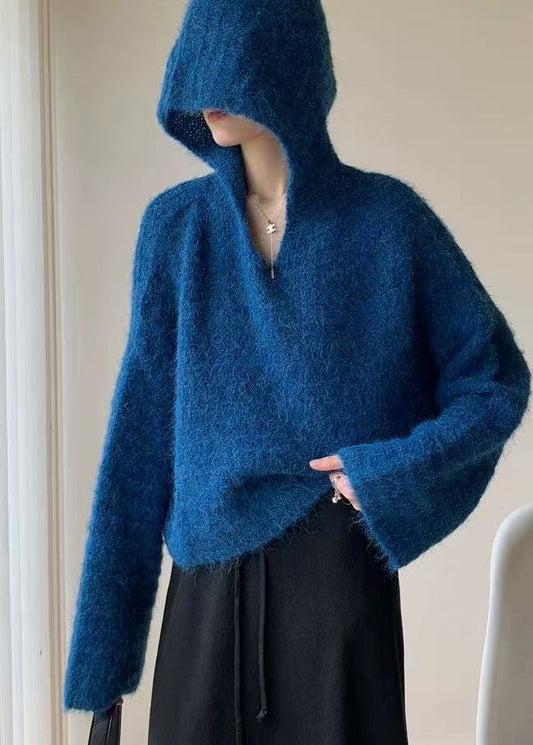 Stylish Blue Hooded Oversized Knit Pullover Winter