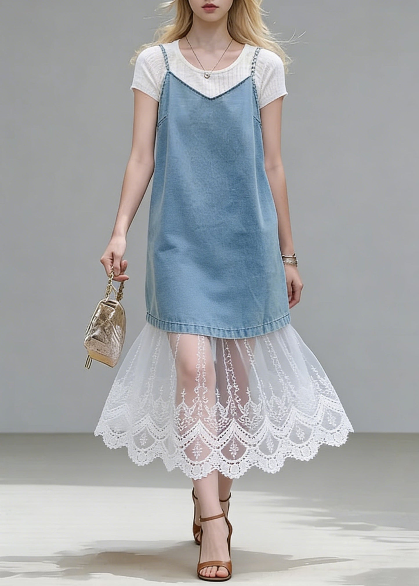 Stylish Blue Lace Patchwork Tops And Spaghetti Strap Dress Two Piece Set Summer