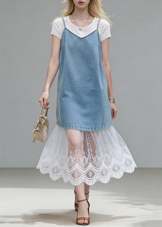 Stylish Blue Lace Patchwork Tops And Spaghetti Strap Dress Two Piece Set Summer
