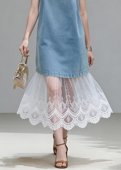 Stylish Blue Lace Patchwork Tops And Spaghetti Strap Dress Two Piece Set Summer