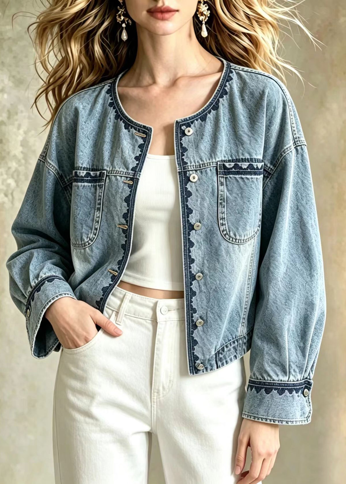 Stylish Blue O-Neck Embroidered Pockets Denim Jackets Fall