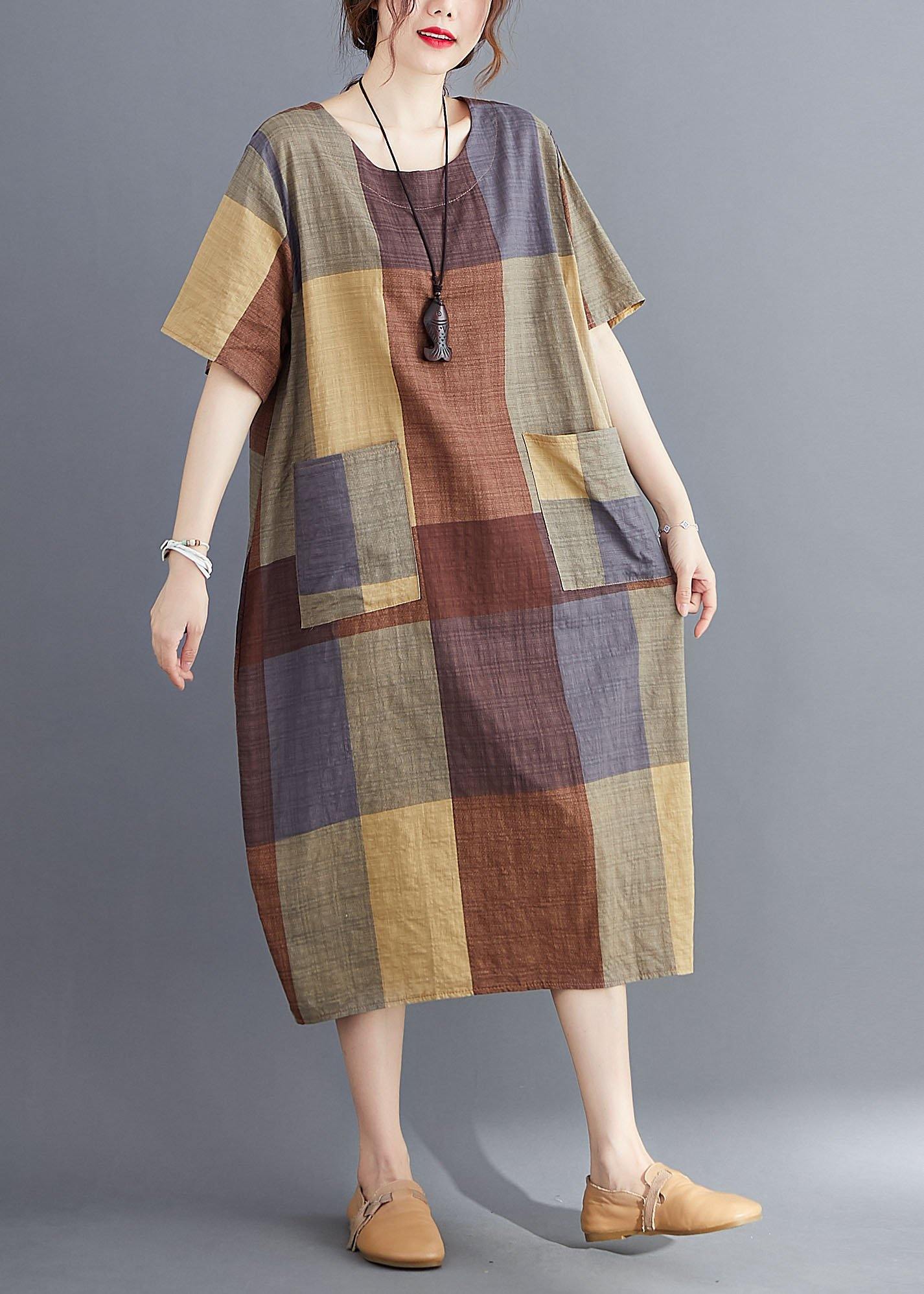 Stylish Blue O Neck Plaid Maxi Dresses Cotton Linen Summer - SooLinen