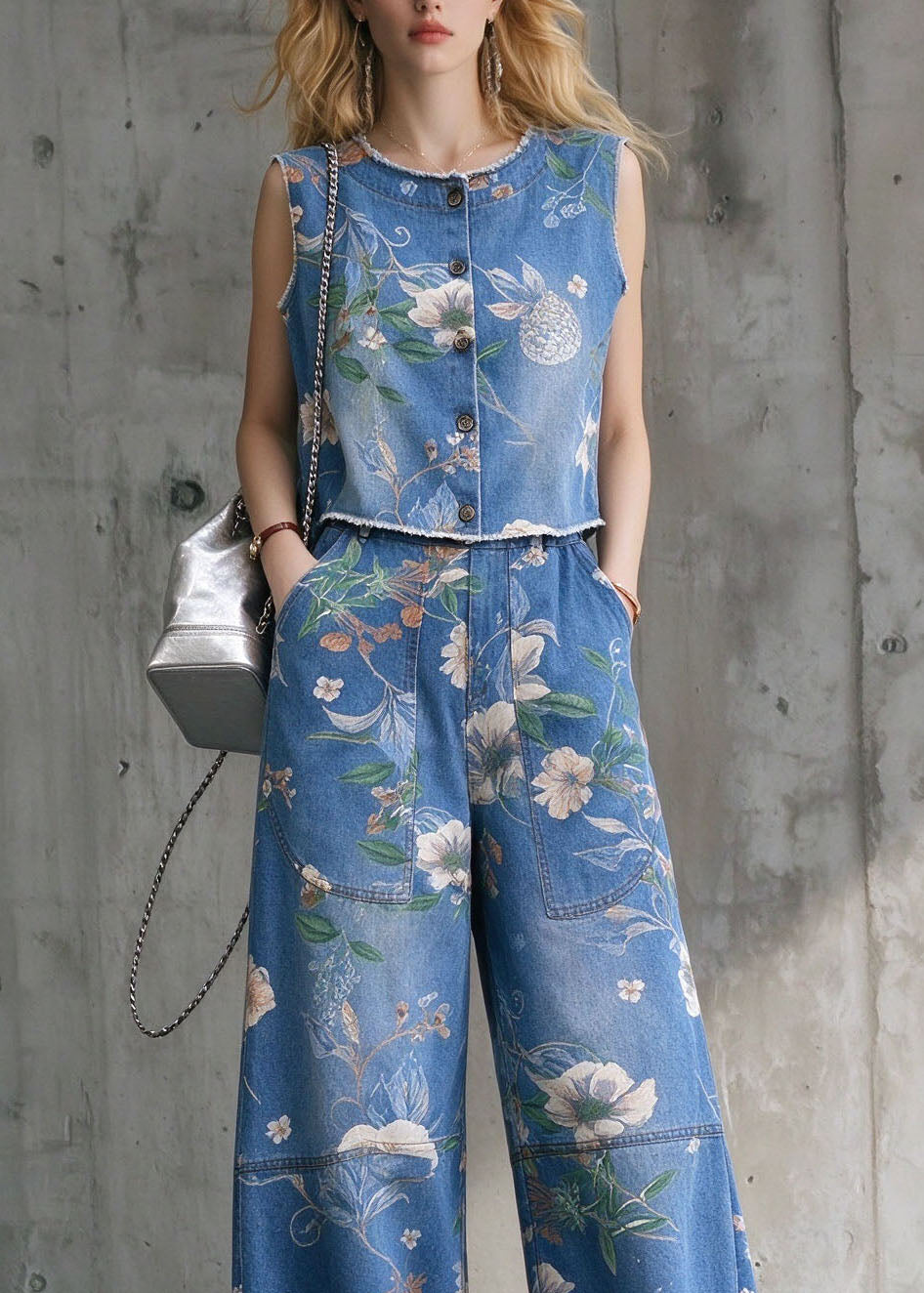 Stylish Blue O Neck Print Denim Two Pieces Set Sleeveless