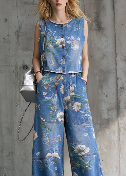 Stylish Blue O Neck Print Denim Two Pieces Set Sleeveless