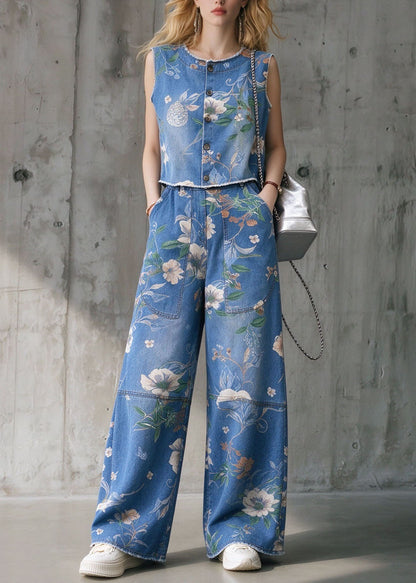 Stylish Blue O Neck Print Denim Two Pieces Set Sleeveless