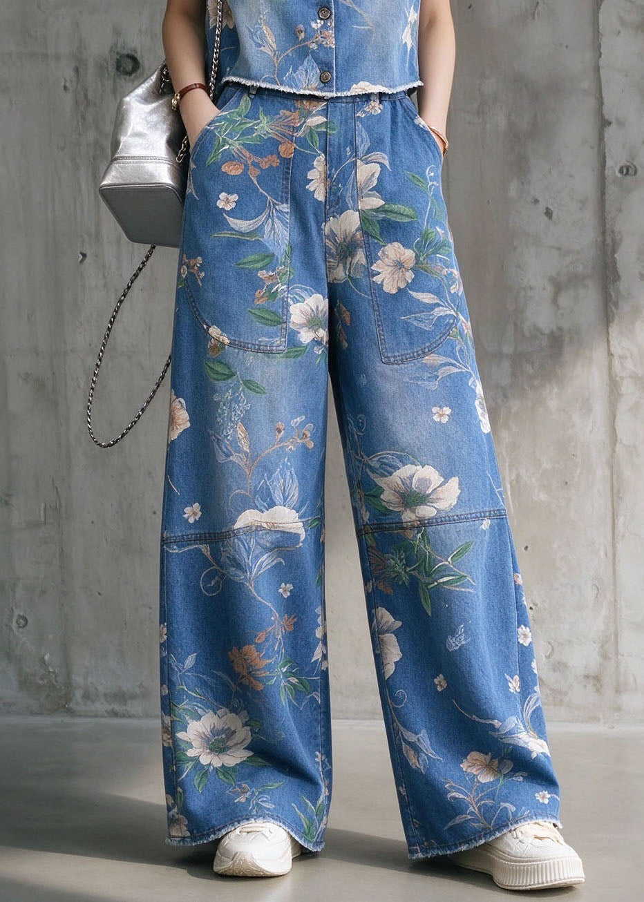 Stylish Blue O Neck Print Denim Two Pieces Set Sleeveless