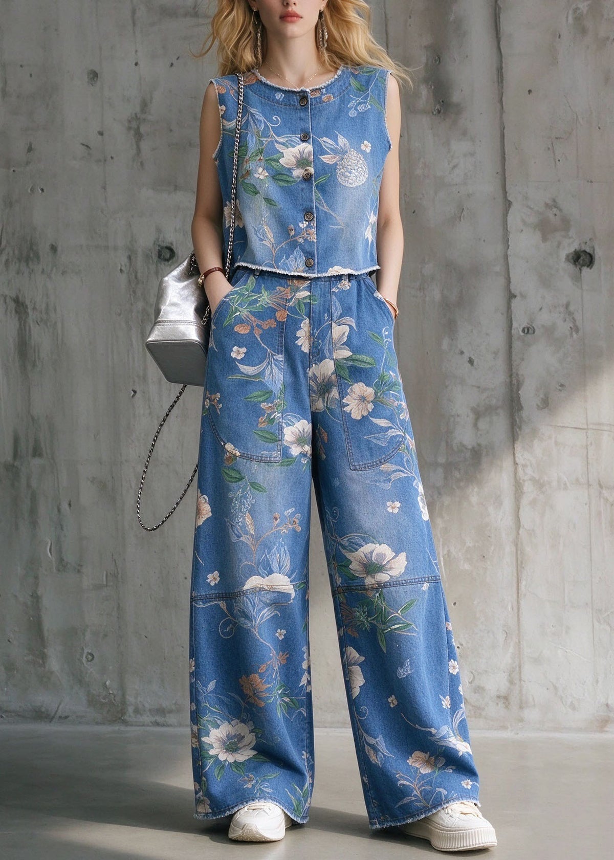 Stylish Blue O Neck Print Denim Two Pieces Set Sleeveless