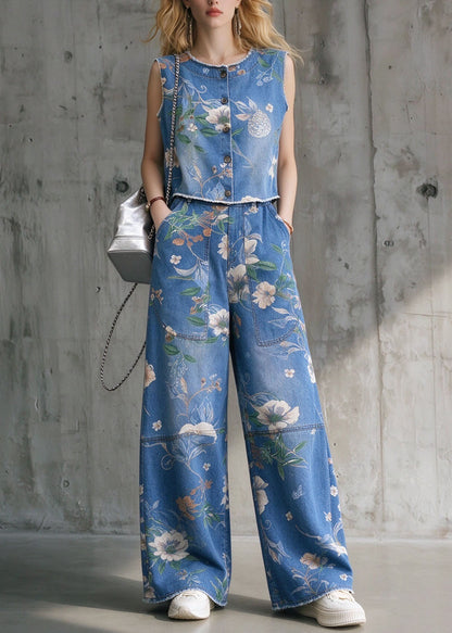 Stylish Blue O Neck Print Denim Two Pieces Set Sleeveless