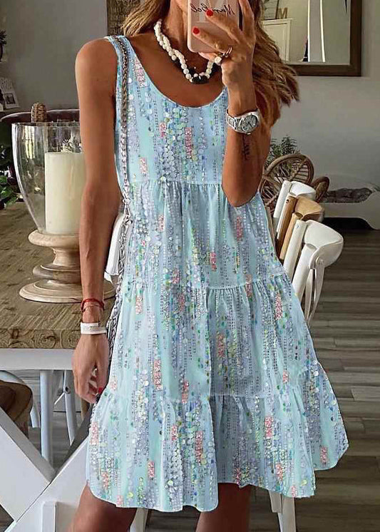 Stylish Blue O-Neck Print Wrinkled Mid Dress Summer