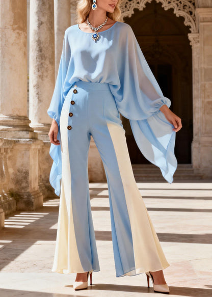 Stylish Blue O-Neck Silk Top And Flared Trousers Two Pieces Set Lantern Sleeve