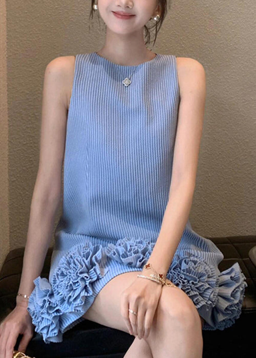 Stylish Blue O Neck Striped Floral Cotton Mini Dresses Sleeveless