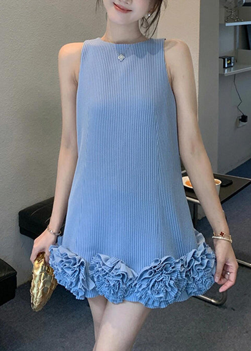 Stylish Blue O Neck Striped Floral Cotton Mini Dresses Sleeveless