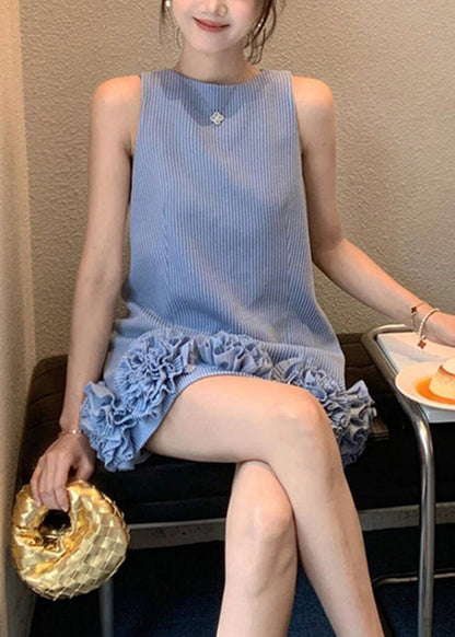 Stylish Blue O Neck Striped Floral Cotton Mini Dresses Sleeveless