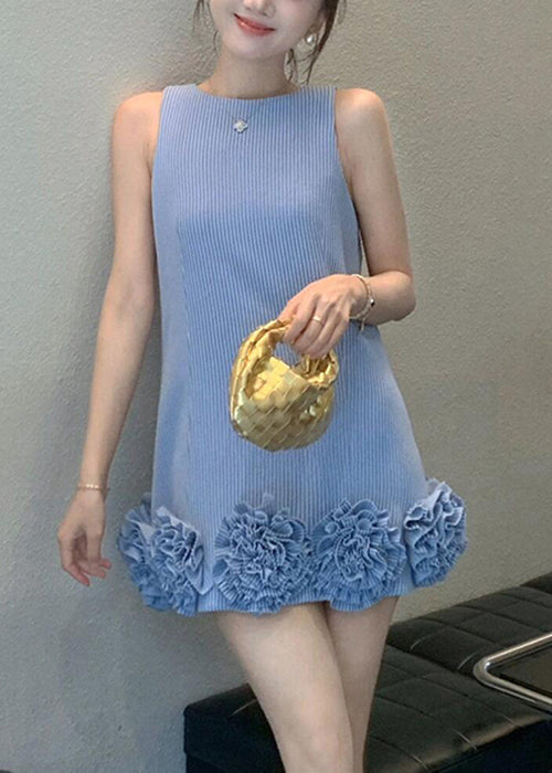 Stylish Blue O Neck Striped Floral Cotton Mini Dresses Sleeveless