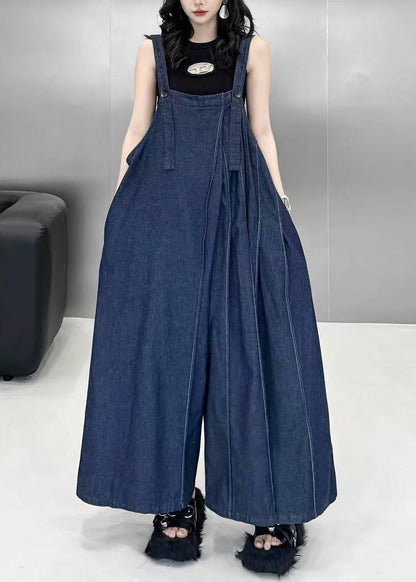 Stylish Blue Oversized Wide Leg Denim Jumpsuit Fall