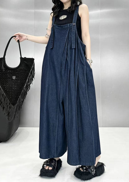 Stylish Blue Oversized Wide Leg Denim Jumpsuit Fall
