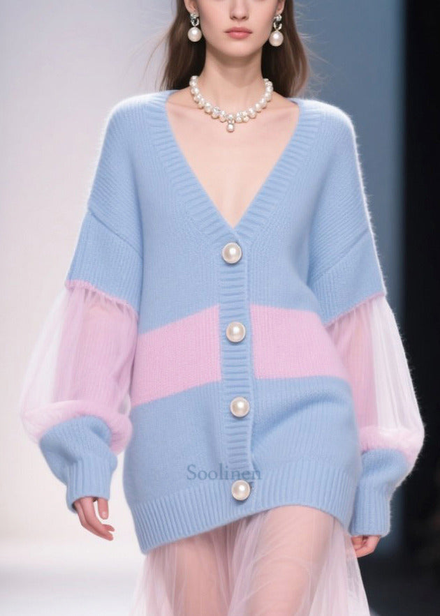 Stylish Blue Patchwork Tulle Fine Pearl Knit Cardigan Fall