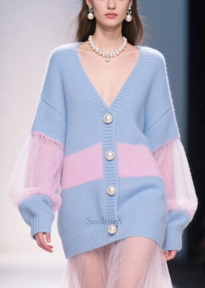 Stylish Blue Patchwork Tulle Fine Pearl Knit Cardigan Fall